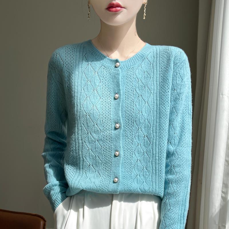 Spring Autumn Fashion Women's Crewneck Sweater Pearl Buckle Hollow Long Sleeve Knitted Cardigan Women