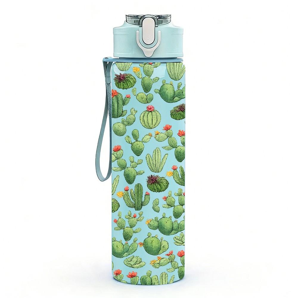 1PC Green Cactus Desert Plant Pattern 750ml Color Plastic Sports Water Bottle Leakproof Flip Straw Lid Suitable for Sports Office Home Use