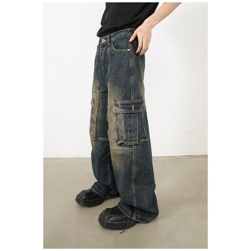 Long Trousers Versatile Washed Multi-pocket Design Sense of Work Jeans Men Senior Sense Pants