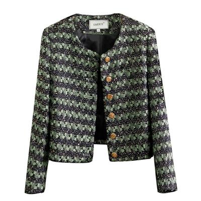 Graceful and Fashionable Green Striped Woolen Short Coat for Women