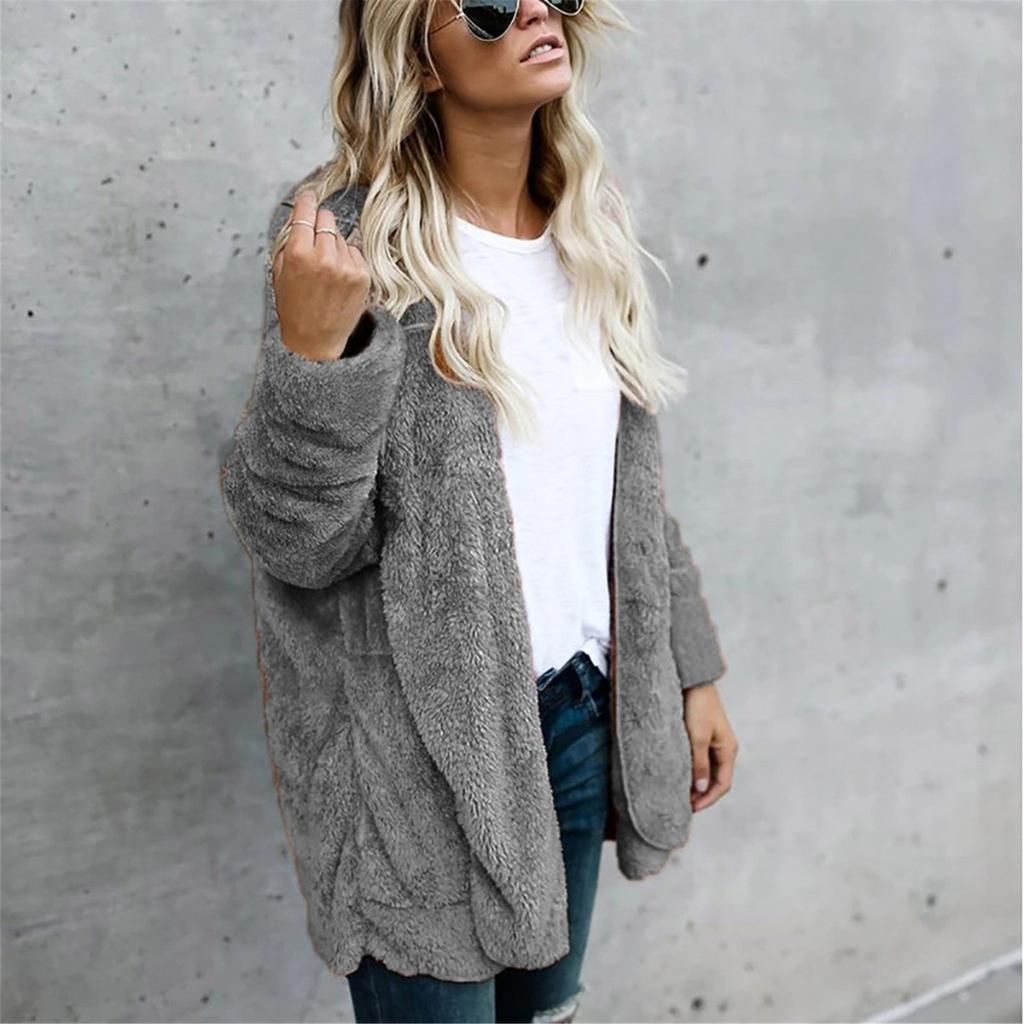 Damenmode-Plüschanzug mit Revers, lockerer, langärmliger, mittellanger, einfarbiger Jacke