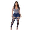 Fashion Women Solid Button High Waist Pocket Jeans Trousers Hole Denim Pants