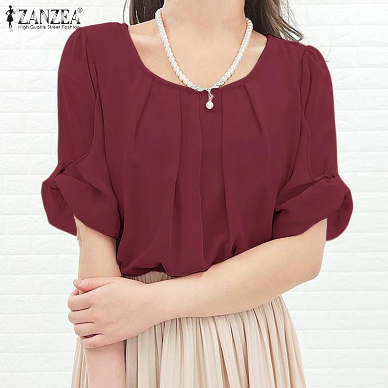 

ZANZEA Женская повседневная летняя блузка с круглым вырезом и коротким рукавом S розовый