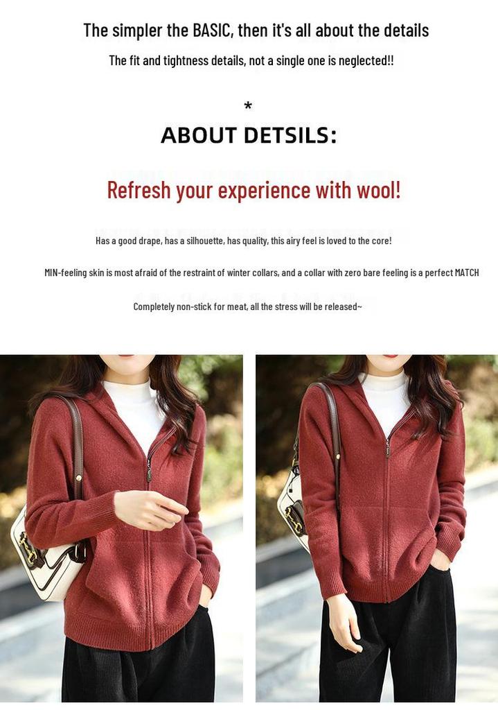 Women's Ready-to-Wear Wool Cardigan: Zipper, Pockets, Hood, Casual Loose Fit, Long-Sleeved. Perfect for Autumn/Winter.