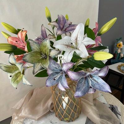 1Pc Simulation Autumn Color 2 Heads Retro Oil Painting Lily Bouquet for Outdoor Courtyard Patio Garden Lawn Decoration Wedding Hand Bouquet Birthday