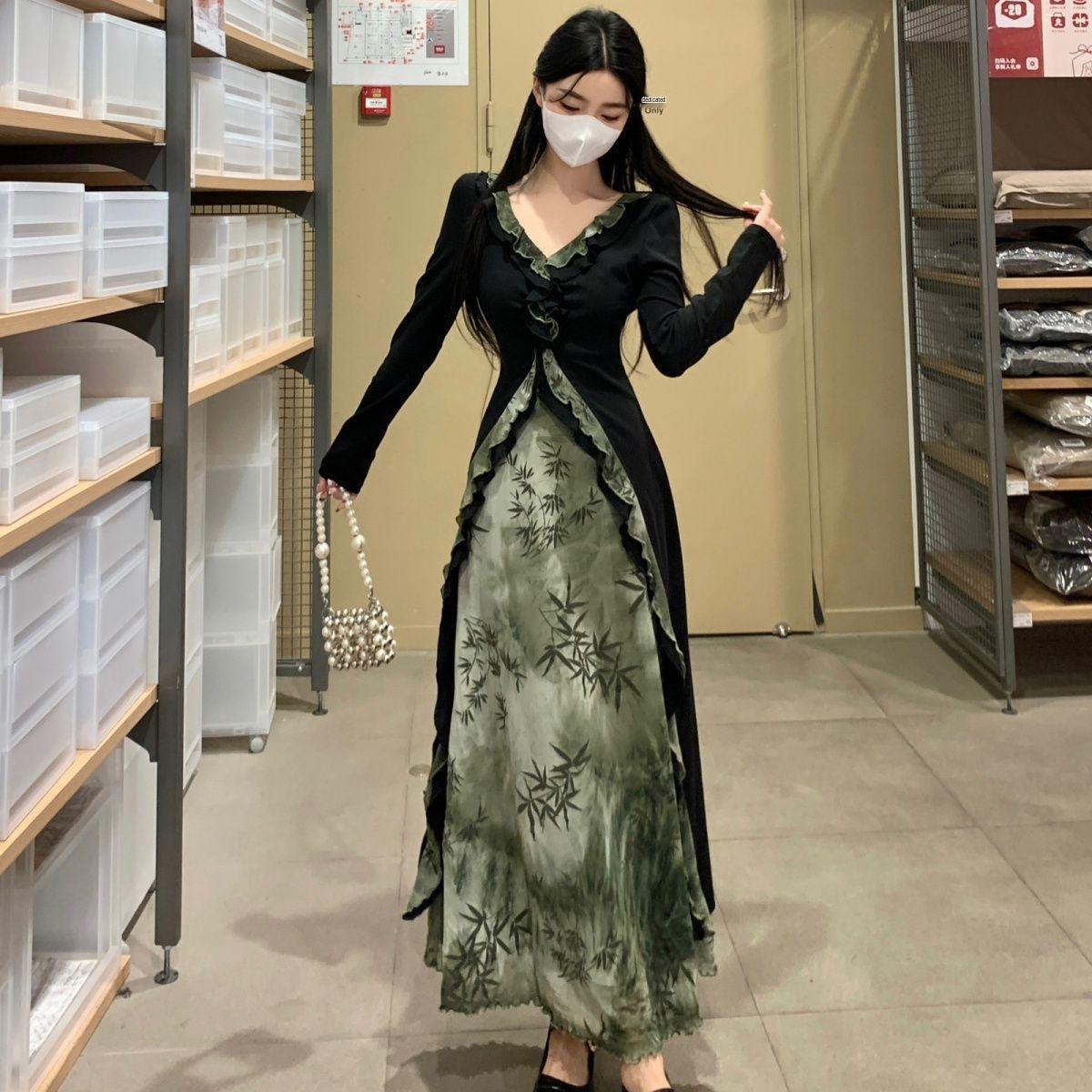 Элегантное китайское двухкомпонентное платье с градиентом и стройнящим дизайном L