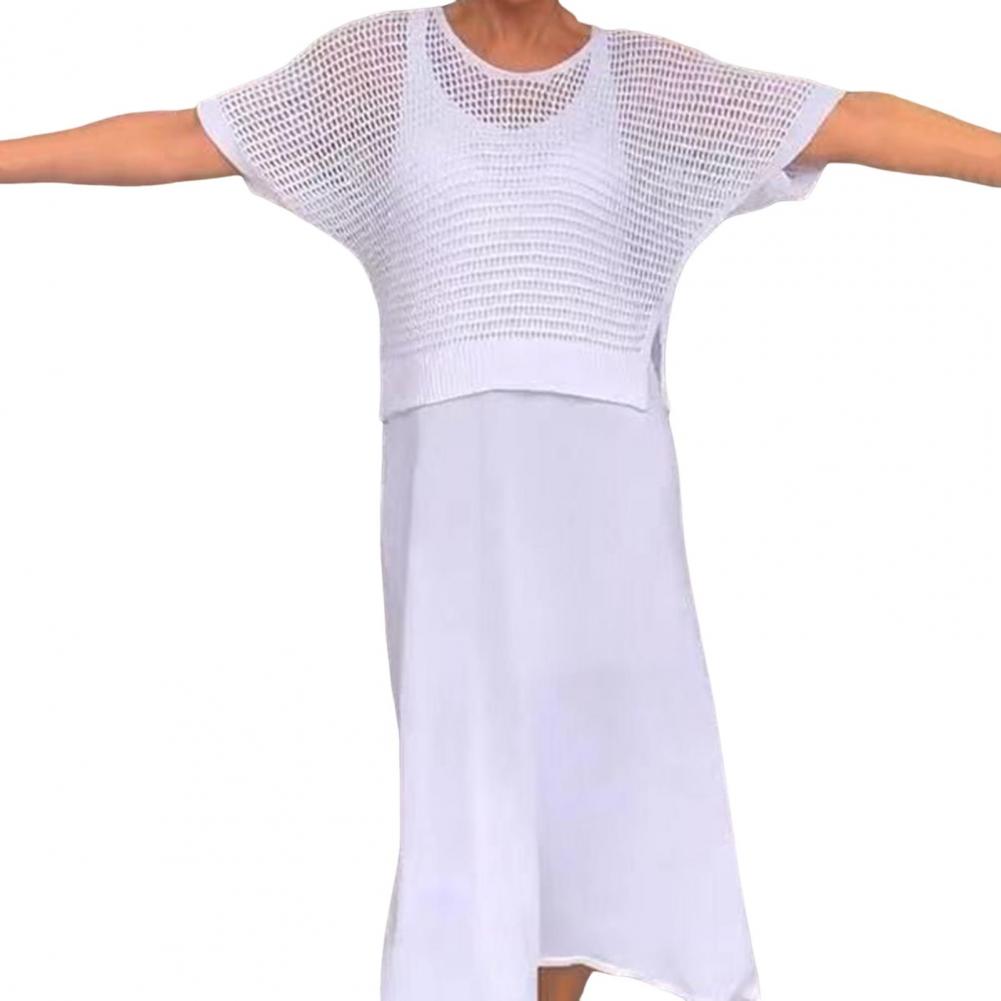 

2 шт./комплект женский топ платье комплект ажурный трикотажный круглый вырез короткий рукав топ V-образный вырез А-силуэт без рукавов сарафан леди миди платье C XXXL белый