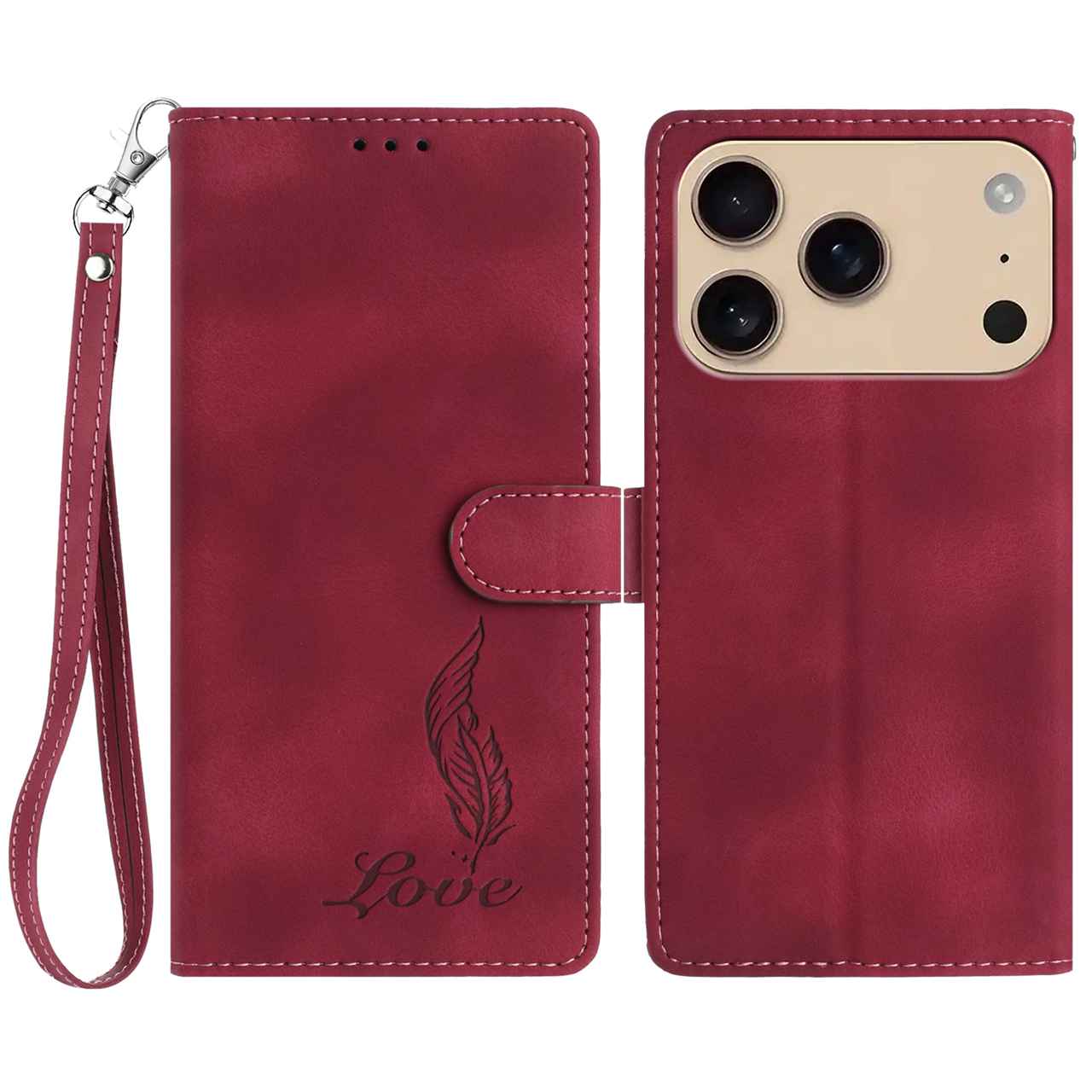 

For iPhone 17 Pro Max Case Imprinted Feather PU Leather Wallet Phone Cover with Wrist Strap H