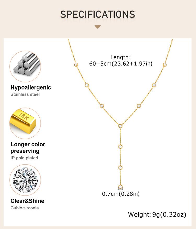 Damhjärta Zirkonia Lång Kedja Halsband, Lariat Guldpläterat Halsband, Stapel Drop Trendiga Rostfritt Stål Smycken