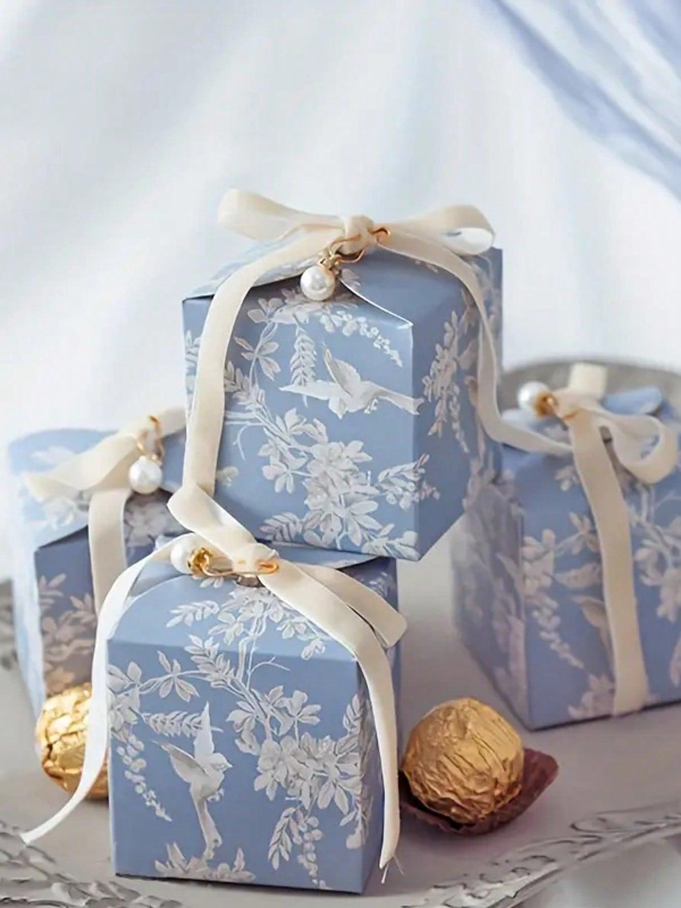 

10Pcs Elegant Flower Wedding Gift Box with Velvet Ribbon and Pearl Decoration - Green Plant Design, 2.75X2.75X 2.75inch, 7x7x3cm синий