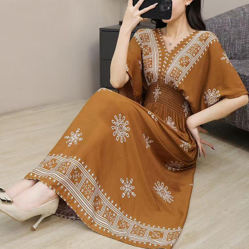25th Anniversary Ethnic V-Neck Rayon Short Sleeve French-Thai Print Holiday Dress for Women