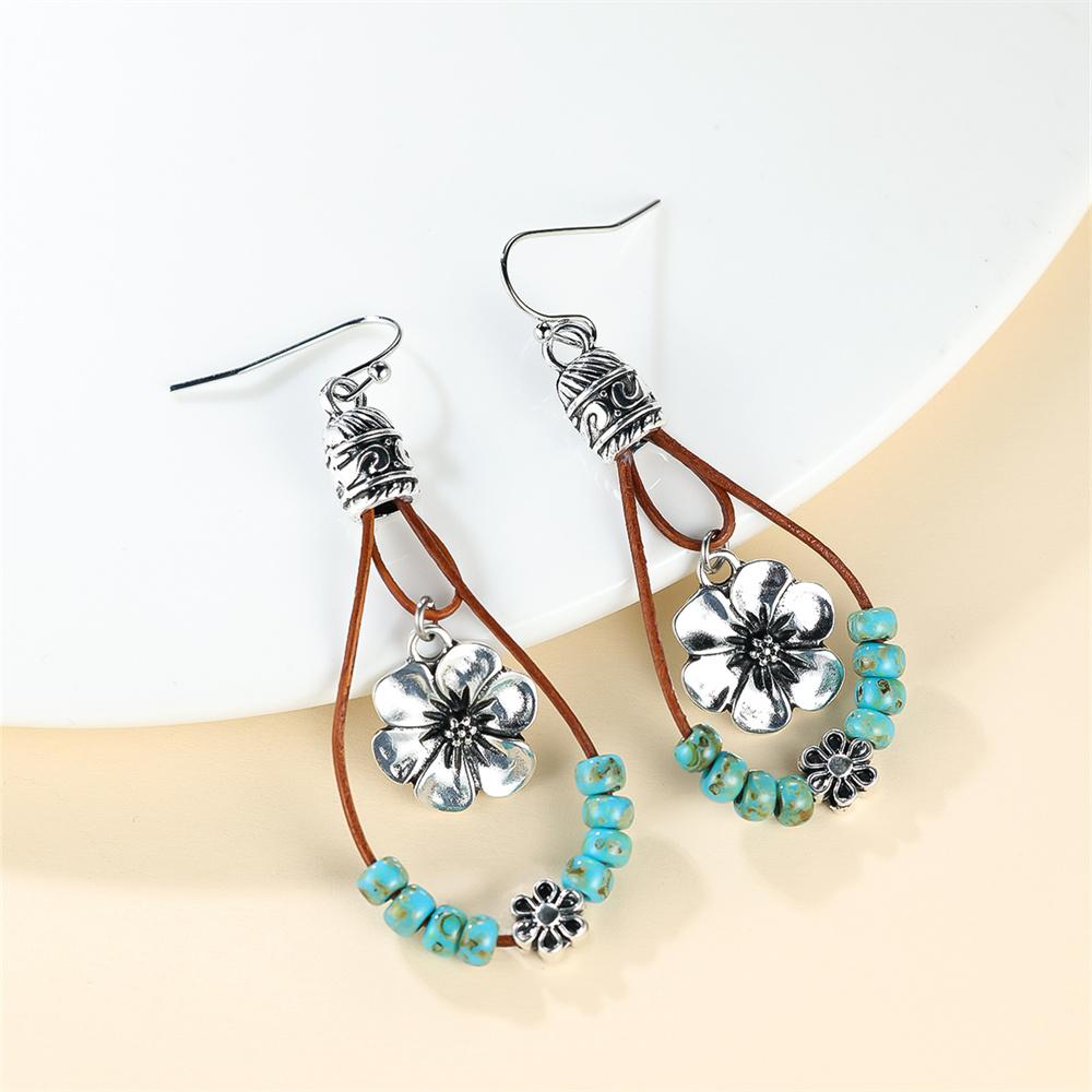 Simulated Turquoise Cute Antique Flower Drop Earrings For Women Vintage Silver Color Dangle Earring Bridal Wedding Jewelry Gift