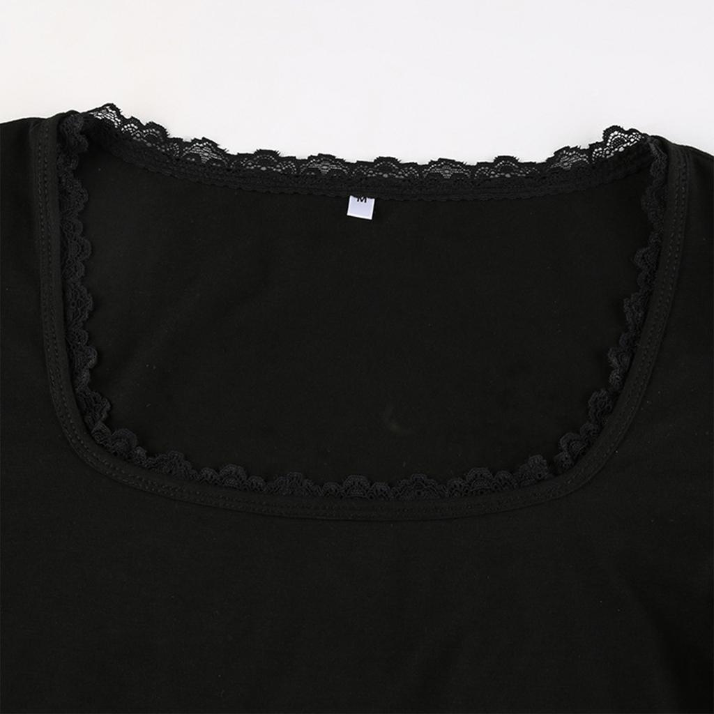 Women's Cotton Long Sleeve Lace Patchwork Navel-Exposed Square Neck T-Shirt