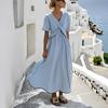 Maxi Robe d'Été pour Femmes Rayée Manches Courtes Col en V Robe évasée Décontractée Vacances à la Plage Fluide Robe d'été coupe A