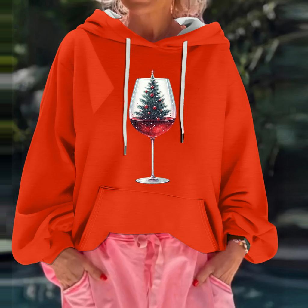 Women's Christmas Print Loose Casual Long Sleeve Hooded Sweatshirt