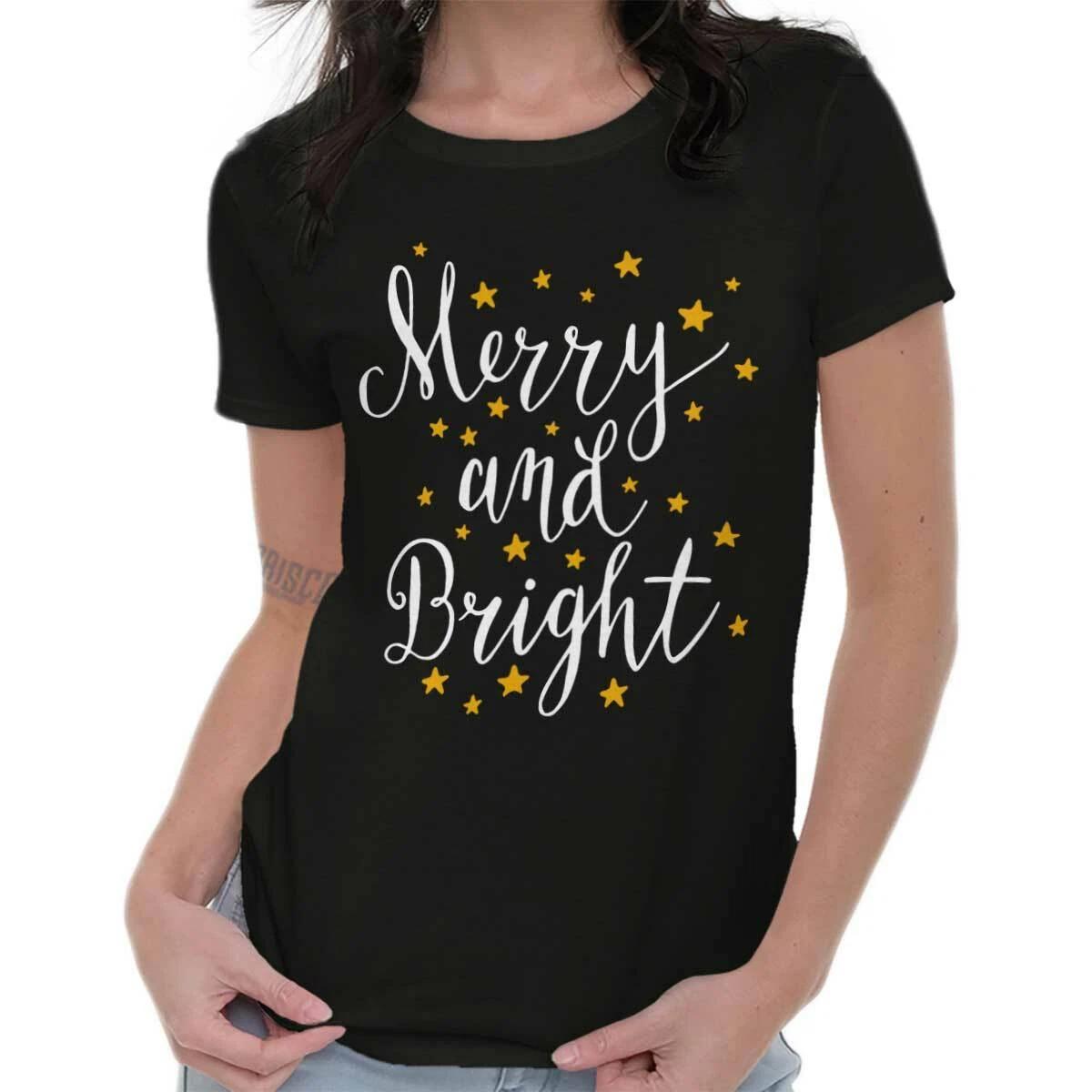 Merry And Bright Christmas Holiday Xmas Gift Womens Top Junior Graphic Tee XXXL