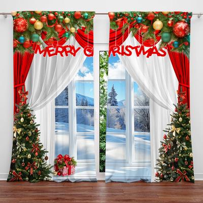 2pcs Merry Christmas Printed Curtain for Home Decor - Rod Pocket Window Treatment for Bedroom   Office   Kitchen   Living Room