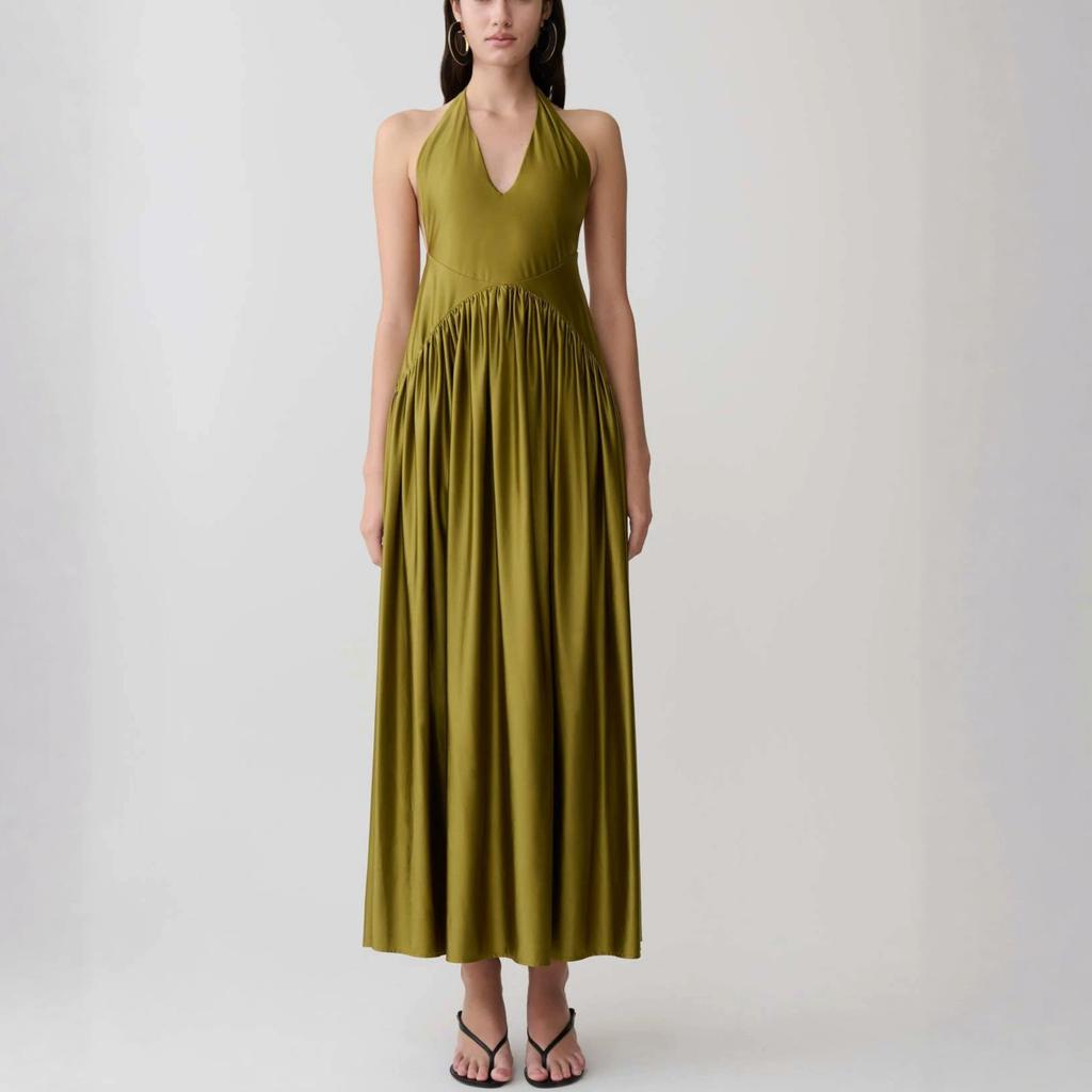 European and American women's clothing new sleeveless sexy neck-hanging long dress pleated waist backless suspender dress women's wholesale