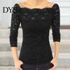 Off-shoulder spetsblus Damtoppar Asymmetrisk krage Långärmad skjorta Genombruten Enlinje Sömmad Enfärgad Smal passform Broderi Blommig topp
