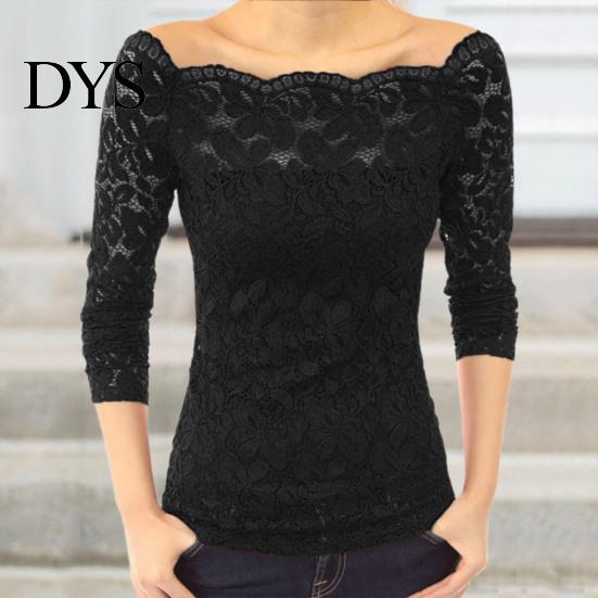 Off-shoulder spetsblus Damtoppar Asymmetrisk krage Långärmad skjorta Genombruten Enlinje Sömmad Enfärgad Smal passform Broderi Blommig topp