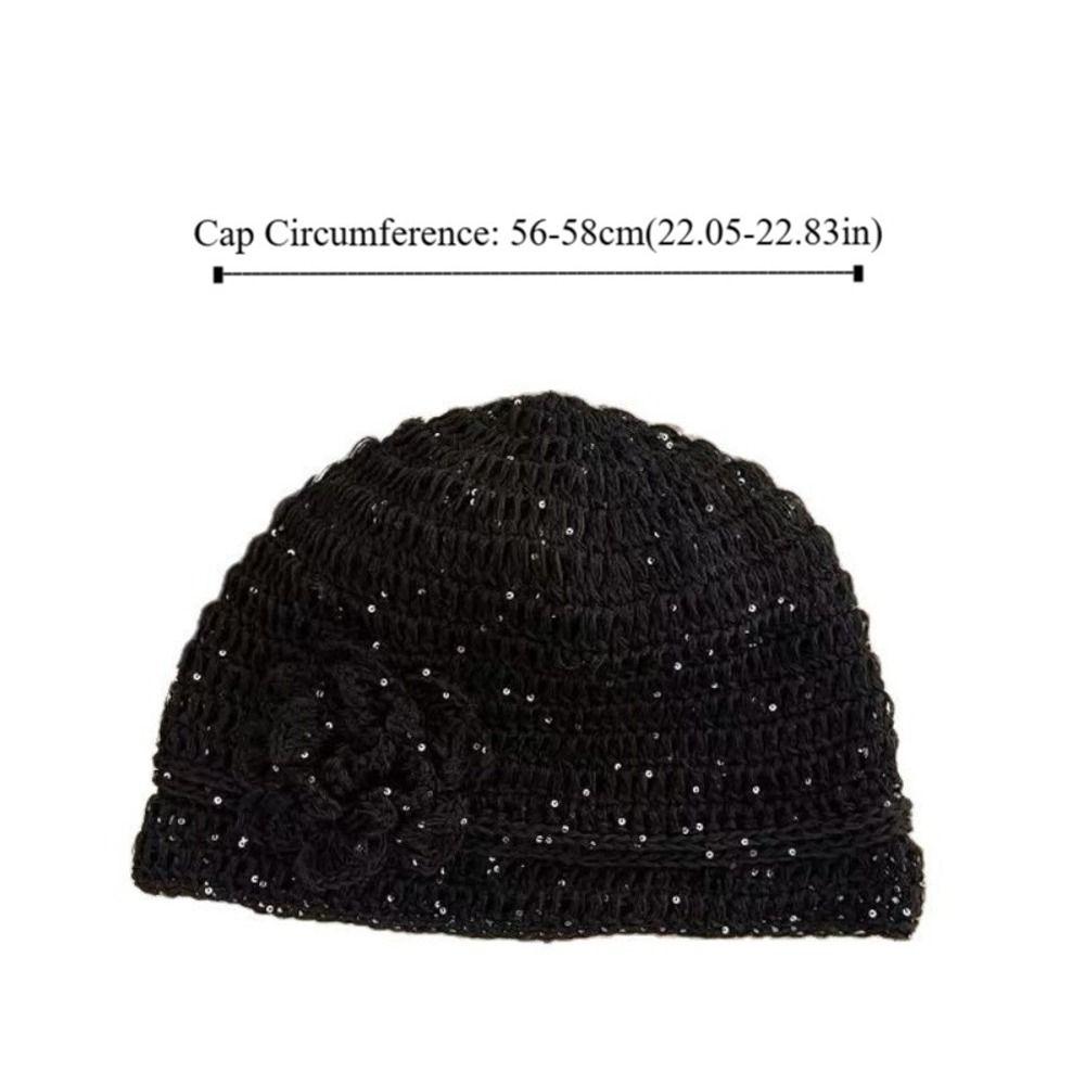 Korean Hand-woven Flower Knitted Caps Y2k Versatile Sequin Crochet Hat Hollow Thin Beanies Cap Spring Summer