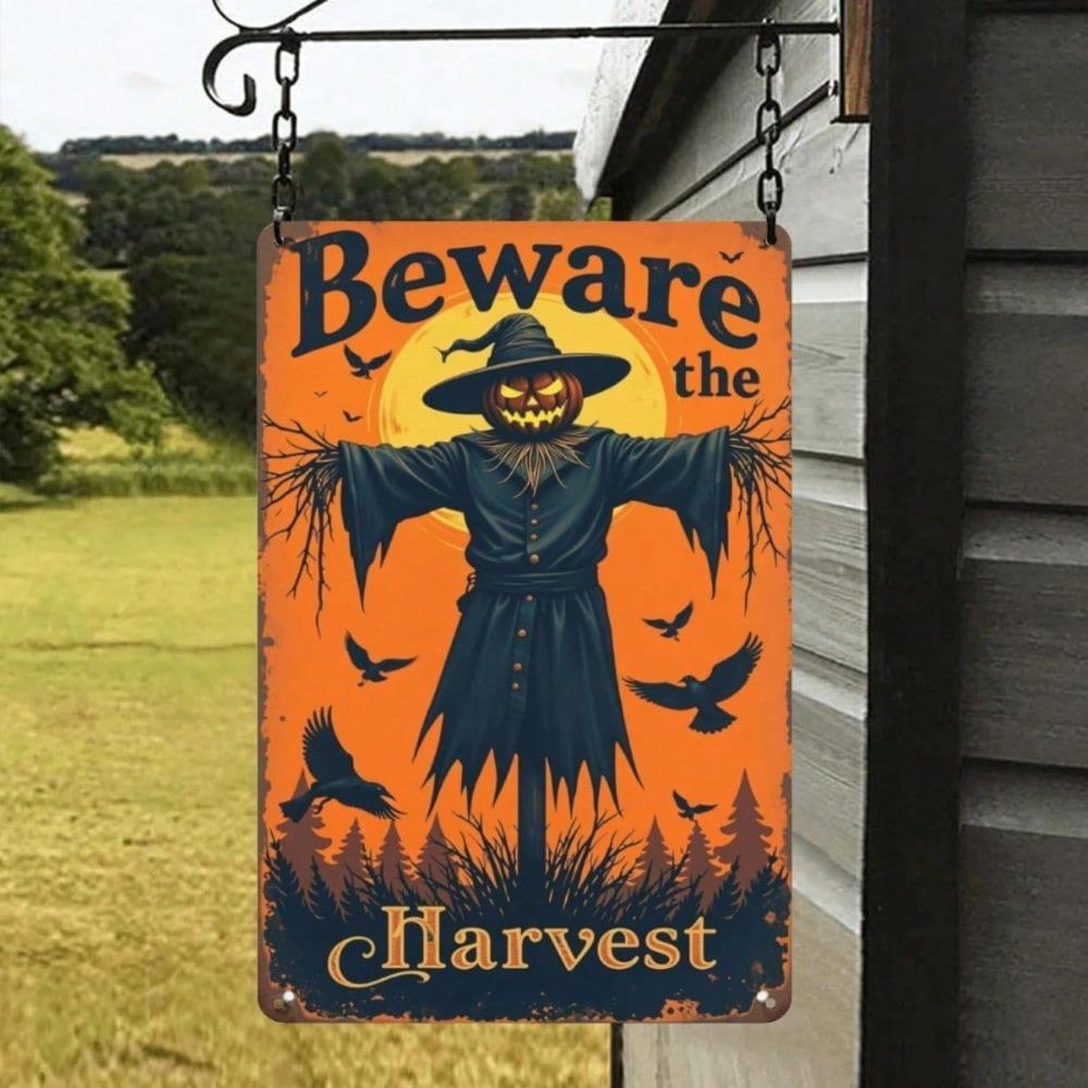 Beware Harvest Vintage Metal Sign, Spooky Halloween Wall Decor, Rustic Farmhouse Hanging Plaque, Frameless Metal Art