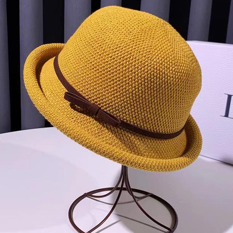 Dámský slaměný klobouk s ohrnutým okrajem Klasický klobouk typu bowler Sluneční klobouk s mašlí prodyšný Letní plážový klobouk