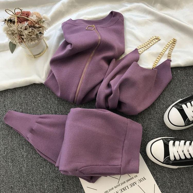 3 teile/satz Gestrickte Pullover Anzug Casual Kette Weste Gestrickte Jacke + Elastische Hosen Drei-stück Sets Frauen Outfits