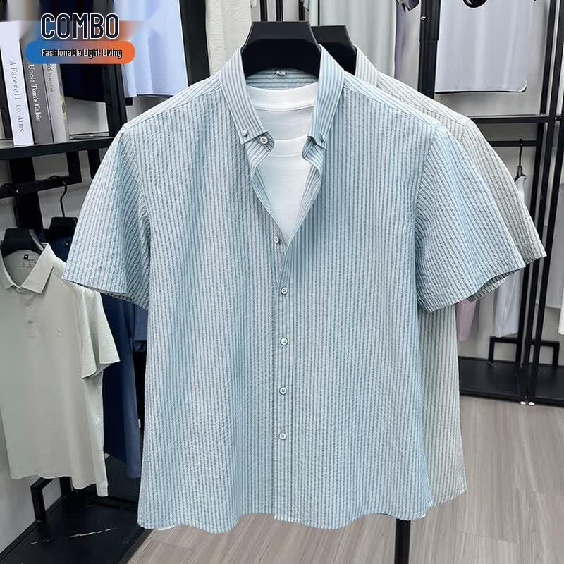 Мужская полосатая рубашка Kangbo с коротким рукавом в стиле business casual L синий