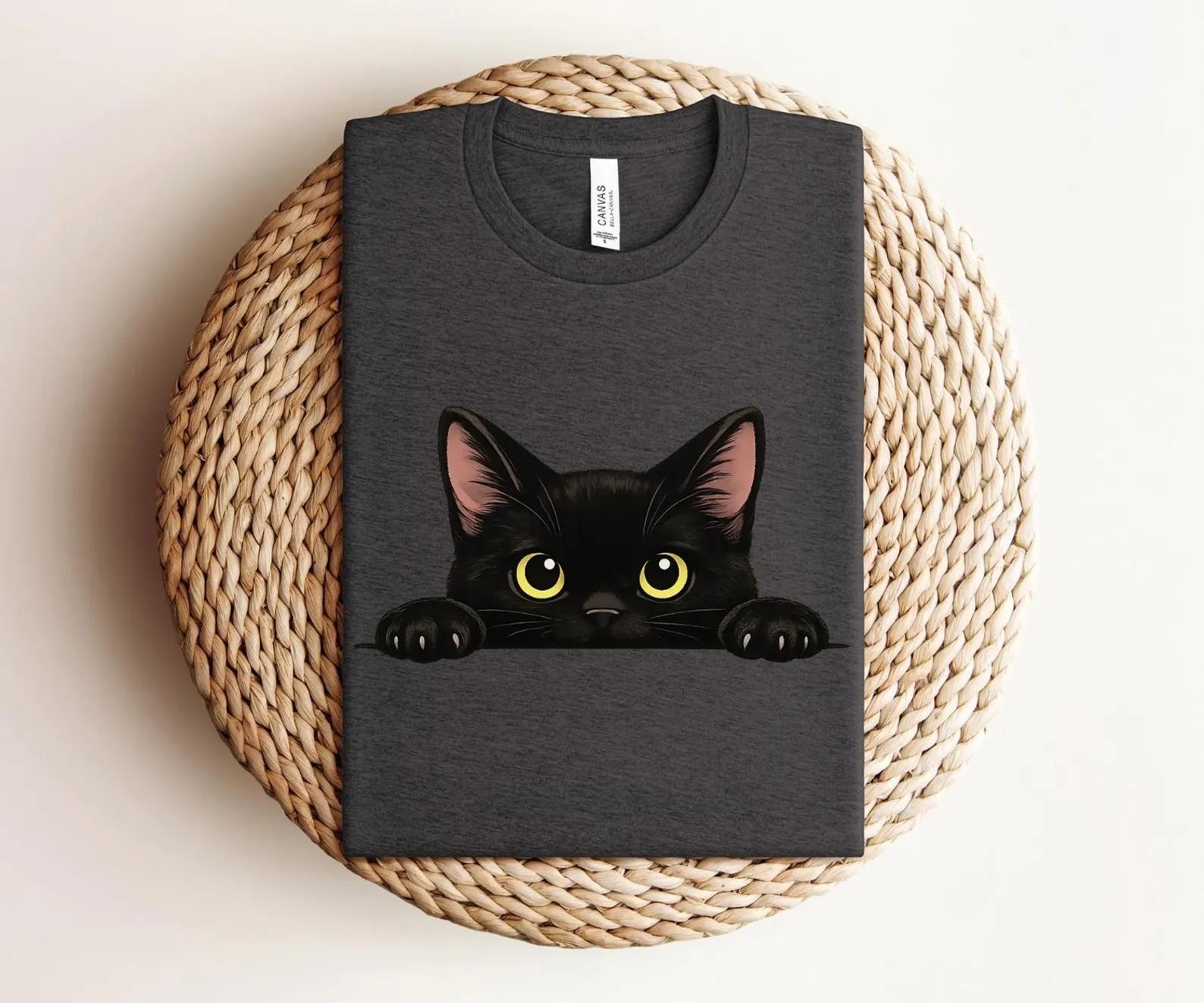 Cute Black Cat Shirt, Cute Cat Lover Black Cat Shirts, Cat Peeking T-Shirt XXXL
