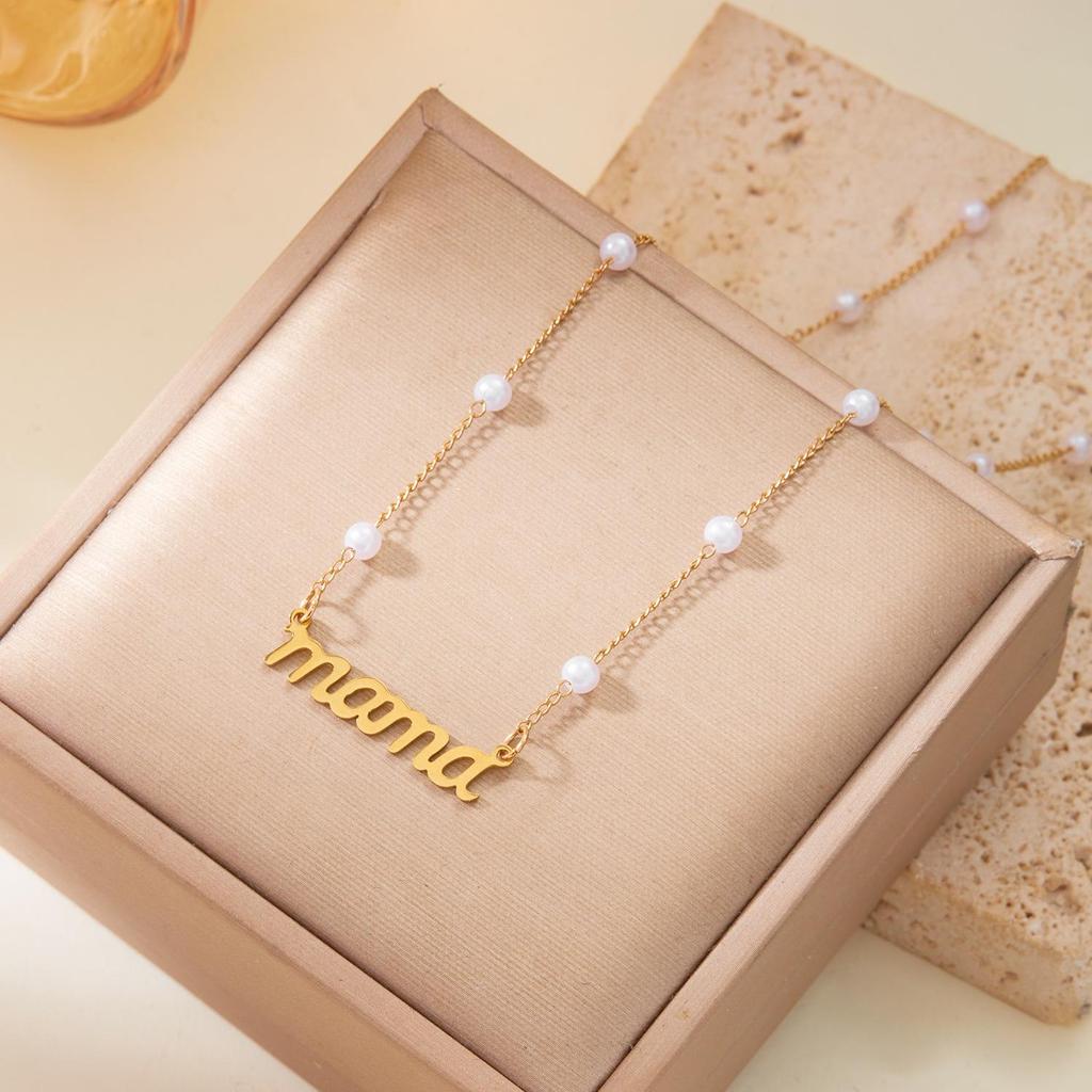 European Style Mother's Day Stainless Steel 'Mama' Pearl Clavicle Necklace and Bracelet Set for Women