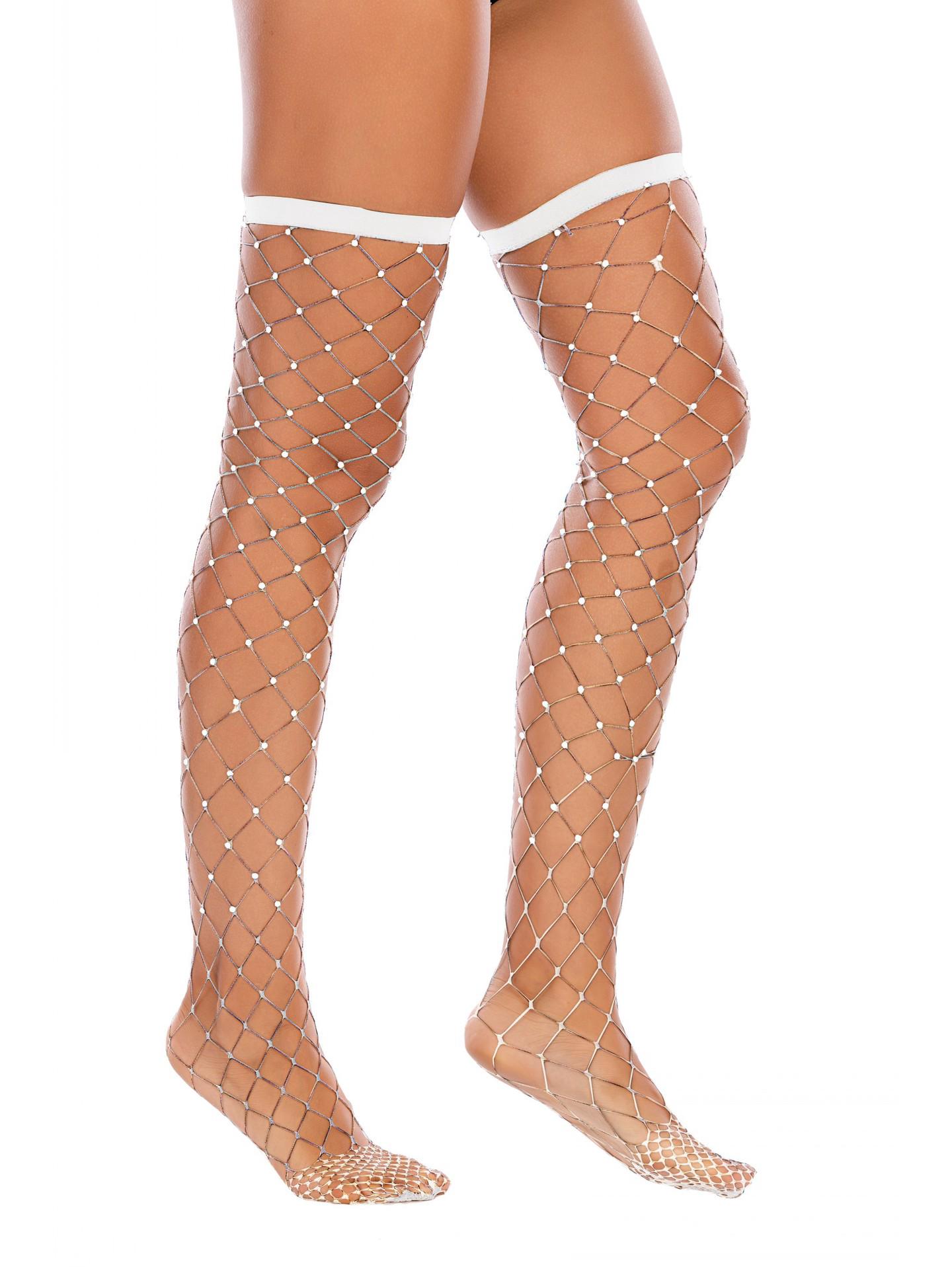 

CTW01 Shiny Rhinestone Mesh Over-the-Knee Diamond Stockings One Size белый
