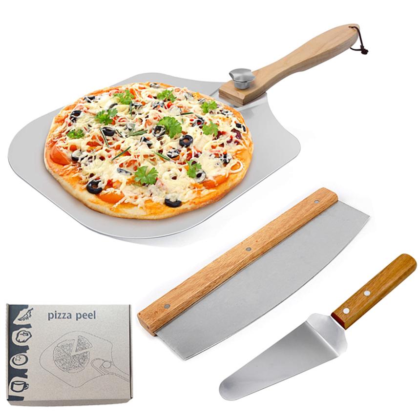 3-Pieces Pizza Spatula Rocker Cutter Pizza Spatula Aluminum Pizza Peel Set with Foldable Wooden Handle