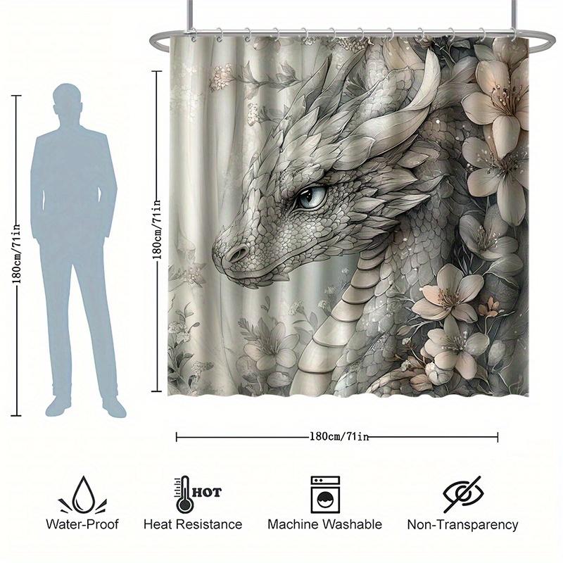 White Dragon & Floral Shower Curtain Set -Fantasy Cartoon Theme,Water-Resistant Polyester,Machine Washable,Modern Bathroom Decor