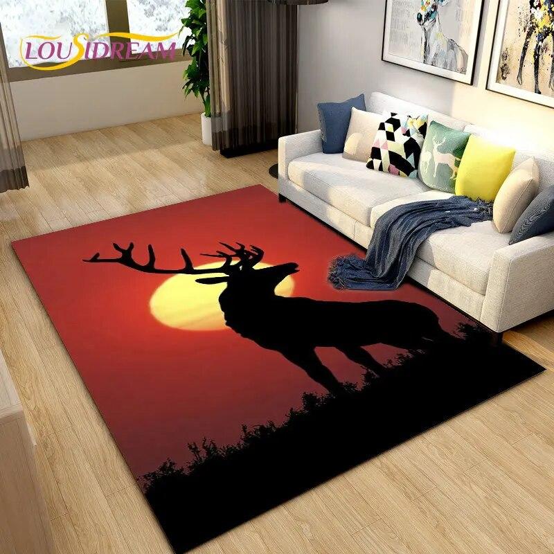 3D Cartoon Nordic Elk Reindeer Area Rug,Carpet Rug for Living Room Bedroom Sofa Doormat Decoration,Child Play Non-slip Floor Mat