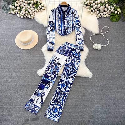 Autumn Spring Blue And White Porcelain Flower Print Two Piece Set Women's Long Sleeve Shirt Top+Pocket Pencil Pant Suit Outfits