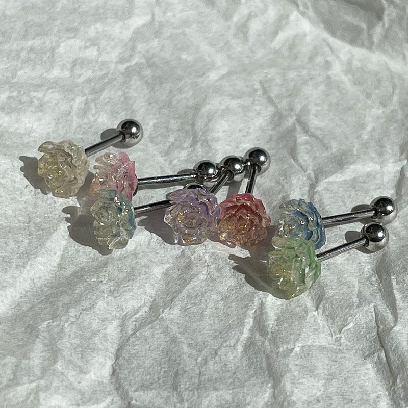 2PCS Acrylic Flower Stud Earring Fashion Women Shiny Colorful Screw Stud Earrings Stainless Steel Cartilage Helix Ear Piercing Jewelry Accessories