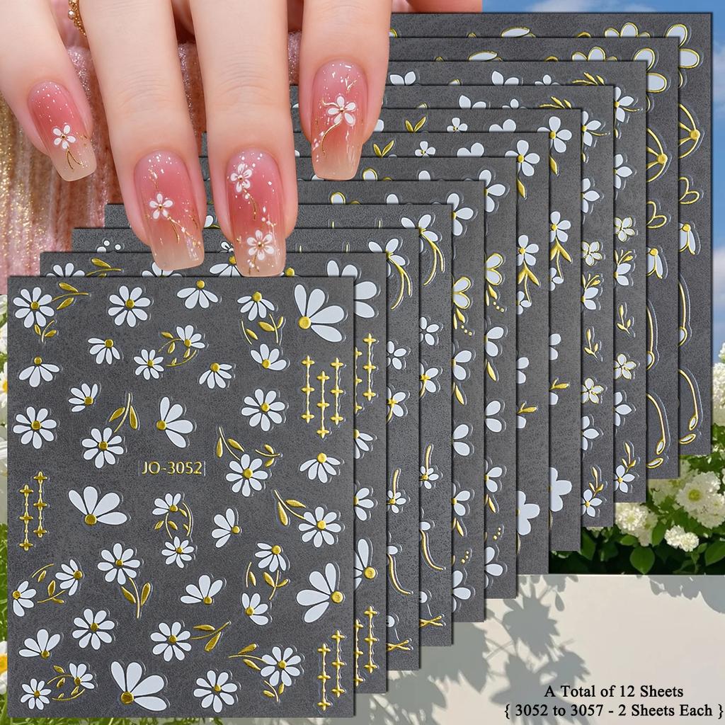 3 To 18 Sheets 3D White Daisy Nail Stickers Gold Line Flower Leaf Decals Self Adhesive Spring Nail Art