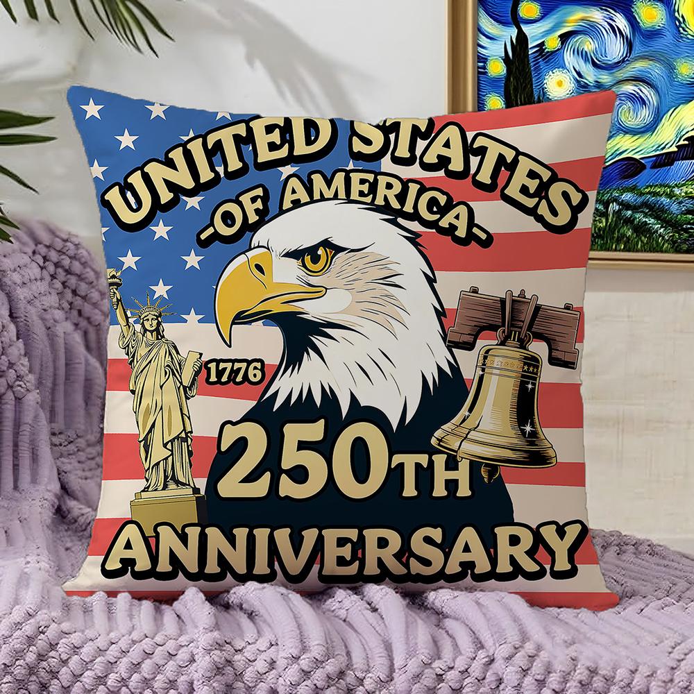 1Pc Usa 250Th Anniversary Throw Pillow Cover, Bald Eagle & Liberty Bell Patriotic Decor, American Flag Design Pillowcase For Hom