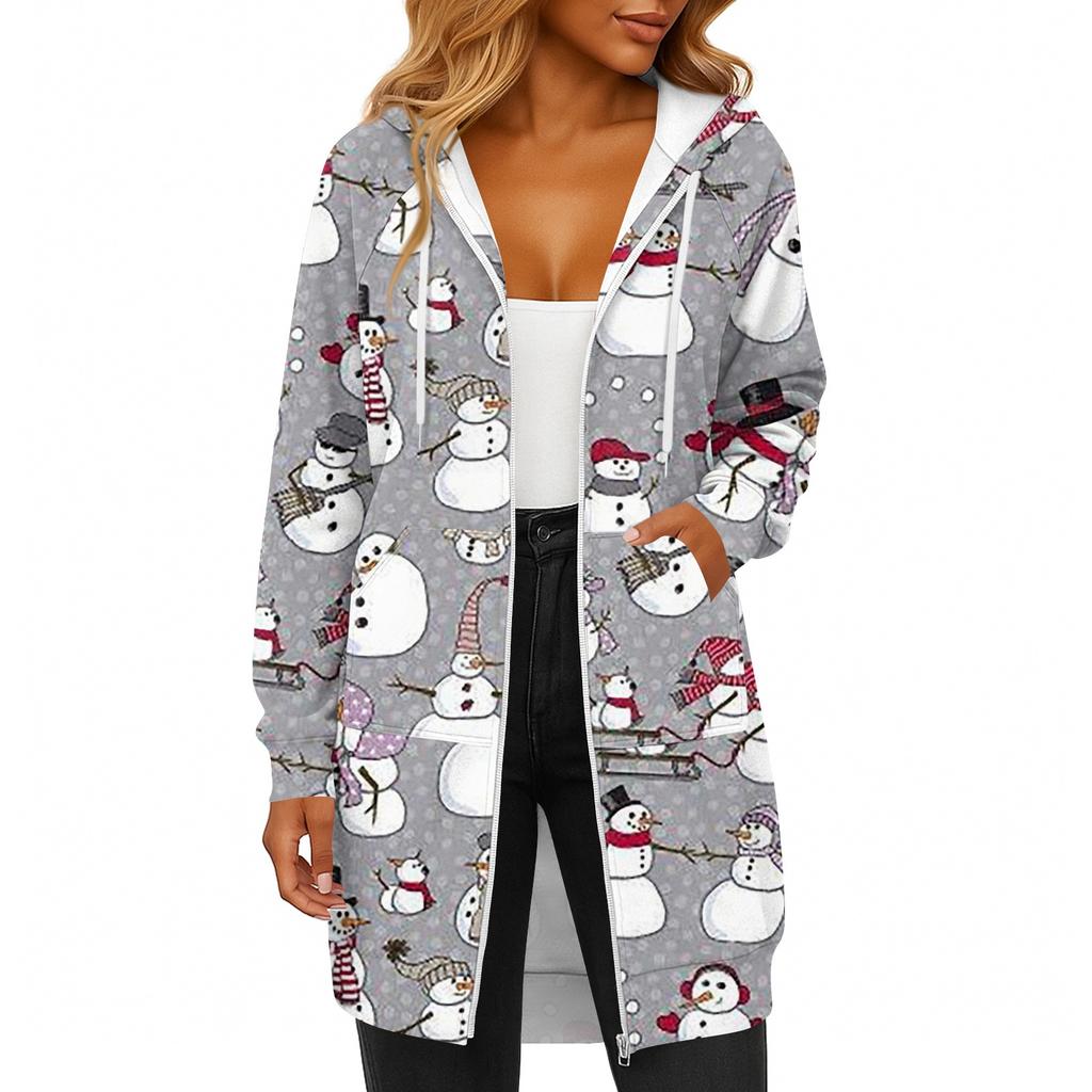 Women's Fashionable Christmas Printed Long Sleeved Drawstring Hooded Zipper Pocket Long Casual Sweatshirt Jacket