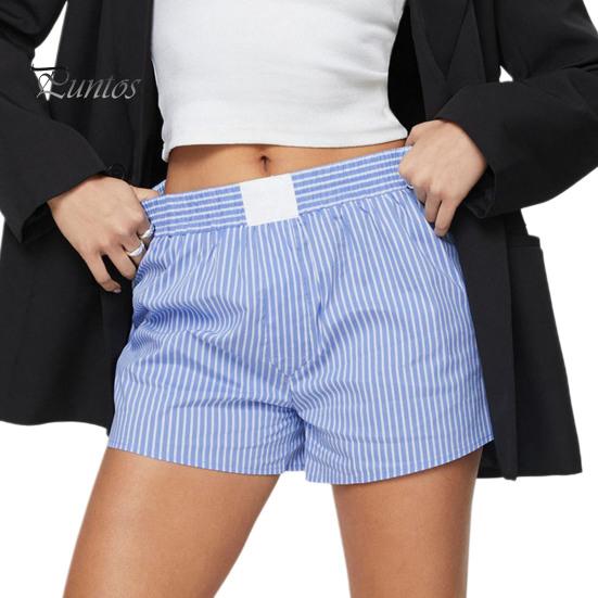 Women Summer Shorts Striped Print High Elastic Waist Retro Loose Above Knee Length Casual Sport Homewear Short Pants