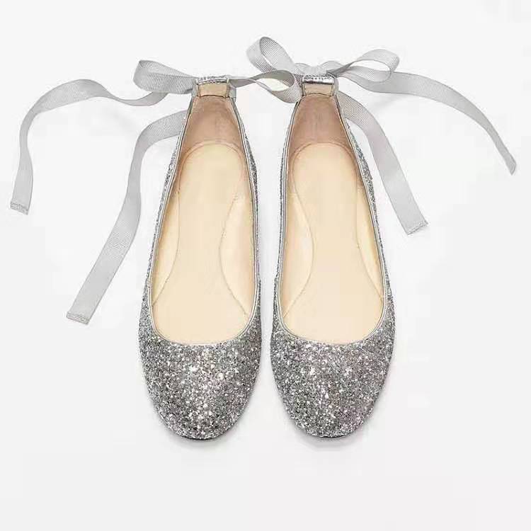 

Блестящие туфли-лодочки с пайетками на плоской подошве, универсальные на шнуровке с бантом, с круглым носком, праздничные свадебные туфли, туфли для подружки невесты, женские 43 серебряный