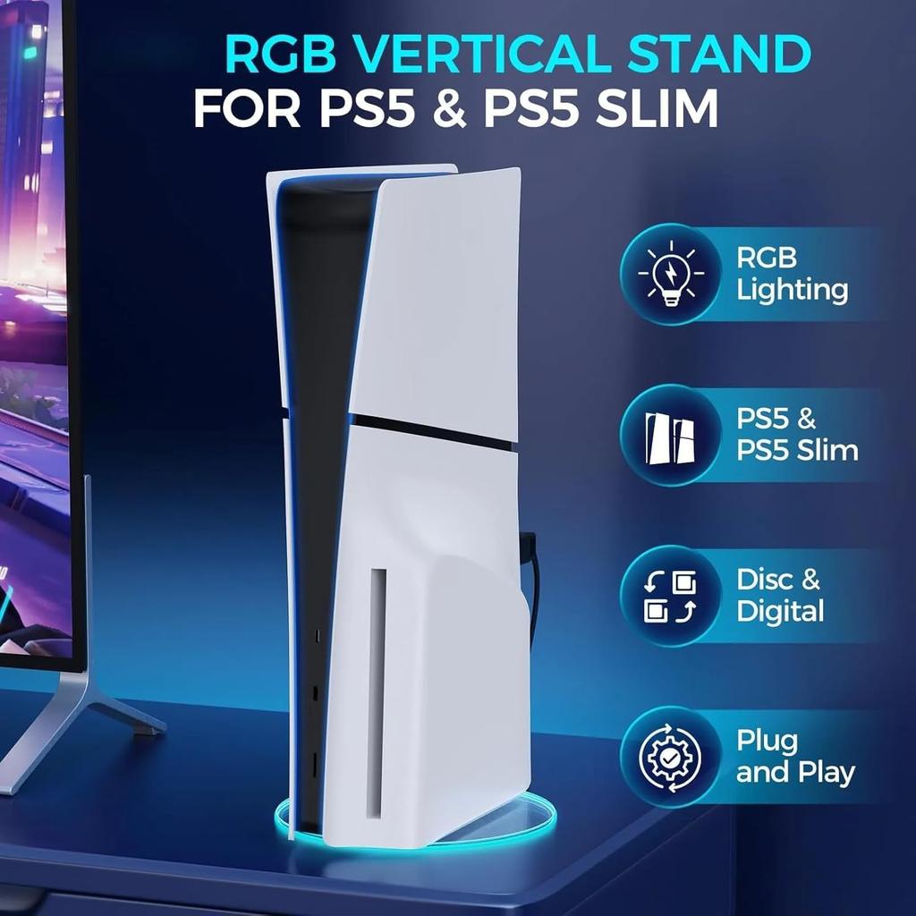 Slim Vertical Stand for PS5/PS5 Slim Compatible with PS5/PS5 Slim Digital/CD Version with 7 RGB Lights for PlayStation 5 Pro