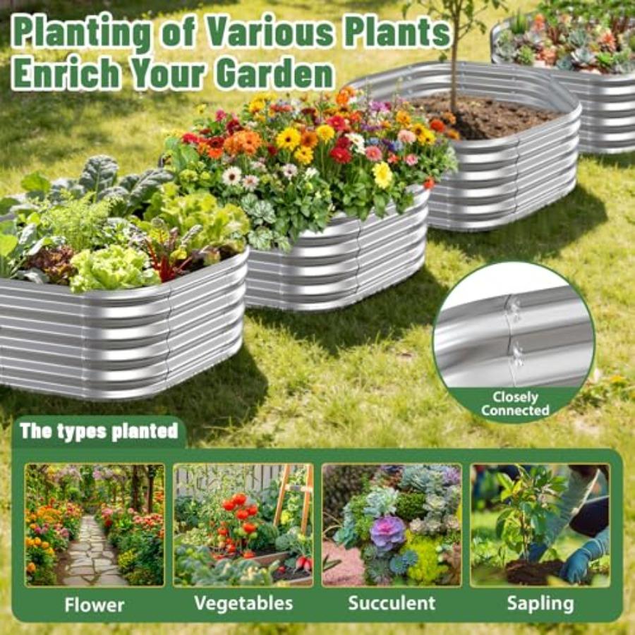 4FT X 1.5FT Hexagon Raised Garden Bed 48 Inch Diagonal 16.5 Inch Tall Galvanized Steel Planter Box with Wave-Shaped Metal Panel