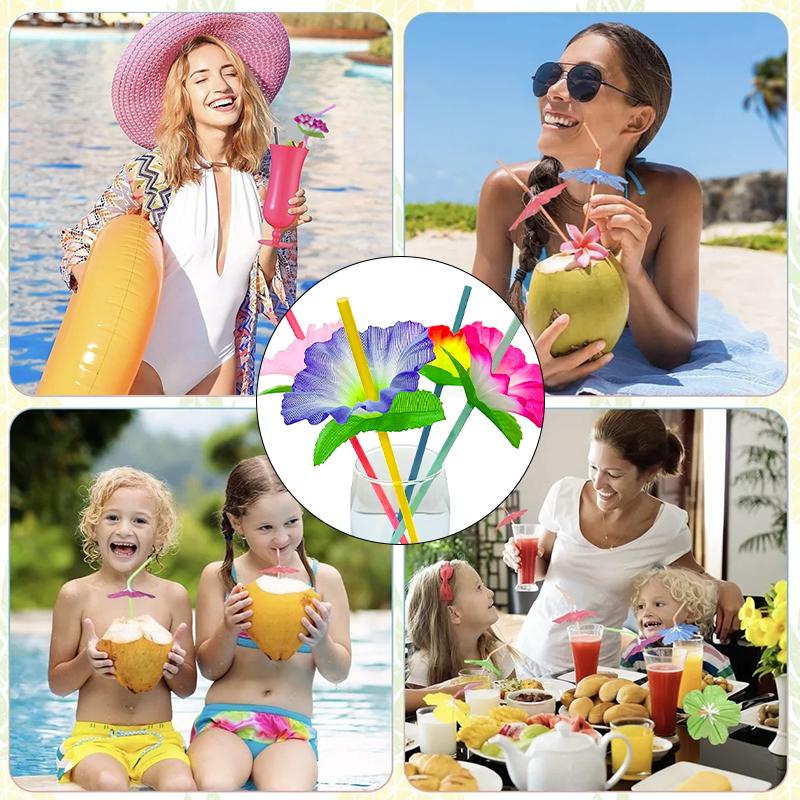 20Pcs/Bag Plastic Summer Birthday Beach Wedding Party Decoration Tropical Hawaii Flower Drinking Straws Luau Hawaiian Theme Party