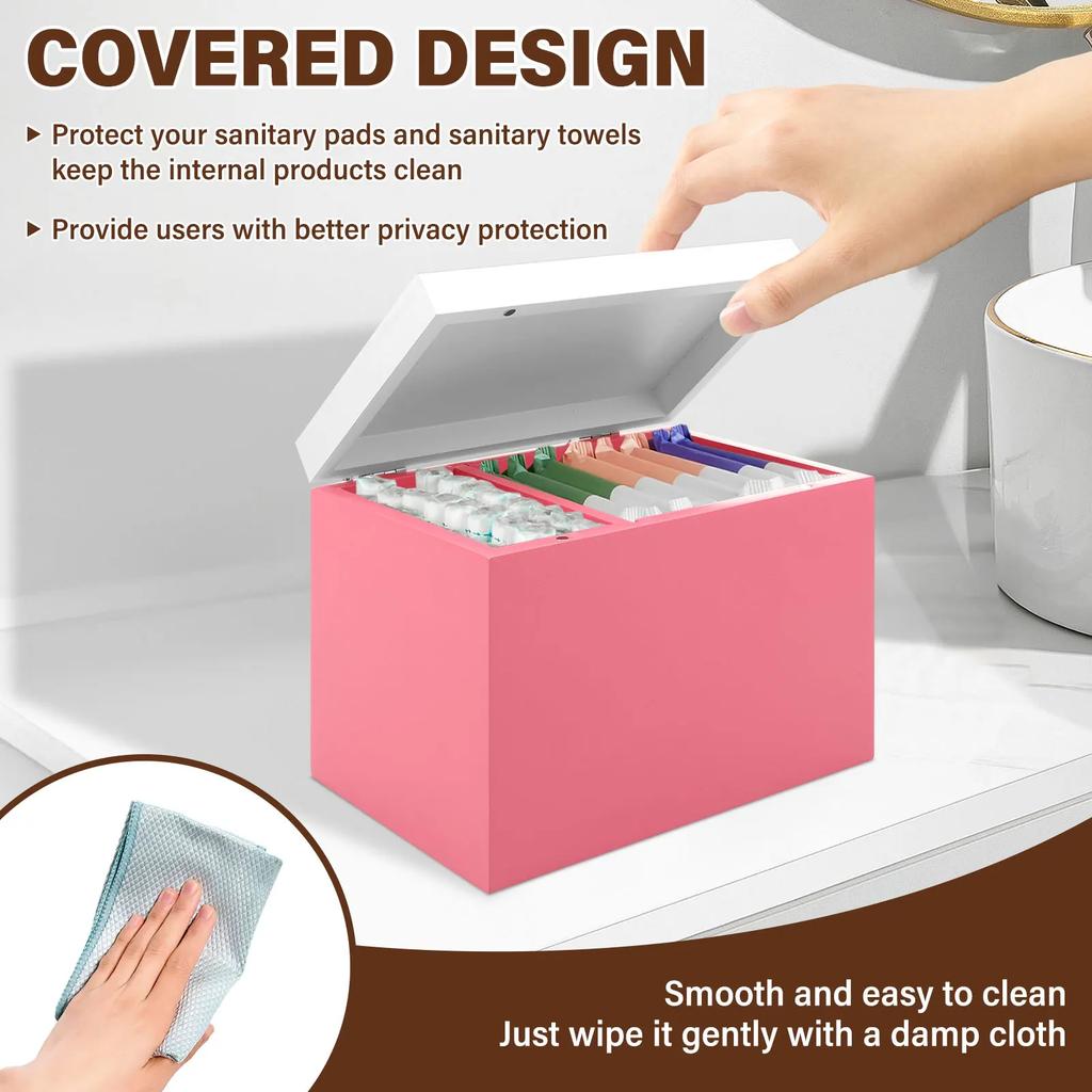 Wooden Pad and Tampon Holder 2-Compartment Countertop Storage Box with Hinged Lid Multi-role Bathroom Feminine Product Organizer