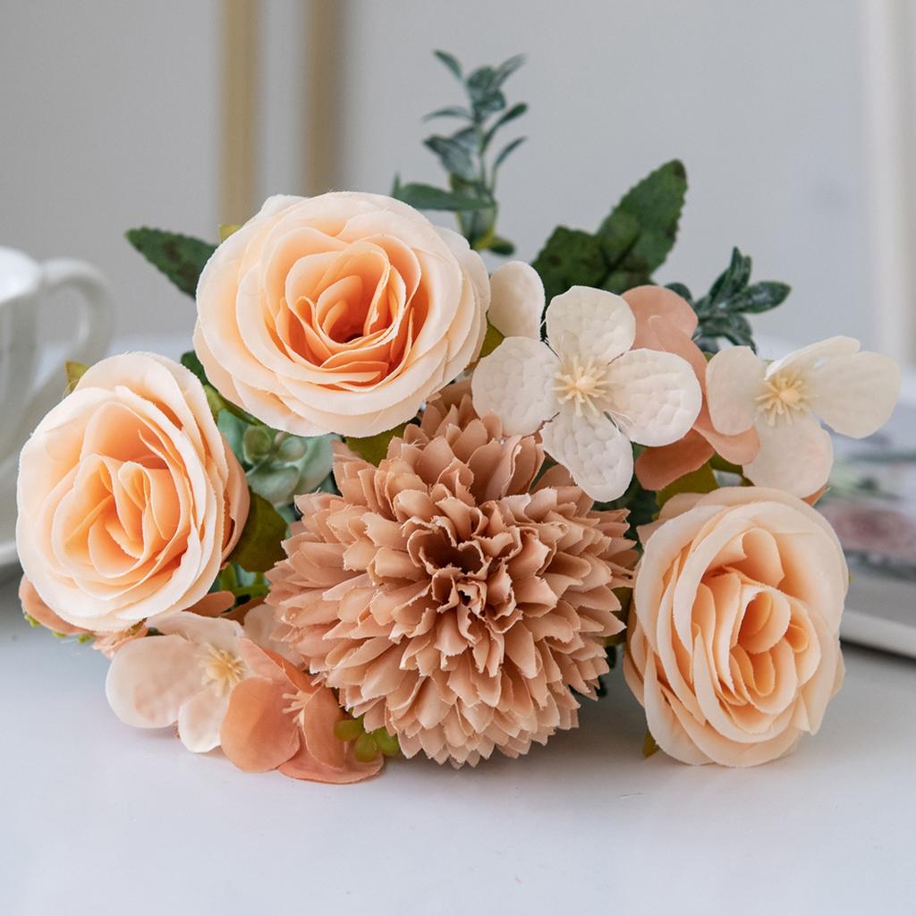 Artificial Flowers Retro Silk Rose Bouquet Hydrangea Peony Vintage Bride Holding Fake Plants Home Wedding Decoration Accessories