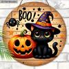 2D Halloween Circular Wooden Sign - Wizard Hat Black Cat and Pumpkin Lantern Pattern, Home, Courtyard, Porch Decoration, Gifts