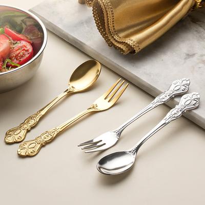 1PCS Dessert Spoon Fork Embossed Stainless Steel Coffee Spoon Fruit Fork