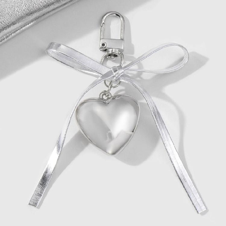 Heart Embellished Silver Leather Bowknot Key Rings Unique Accessory for Backpacks and Purses for the Modern Woman